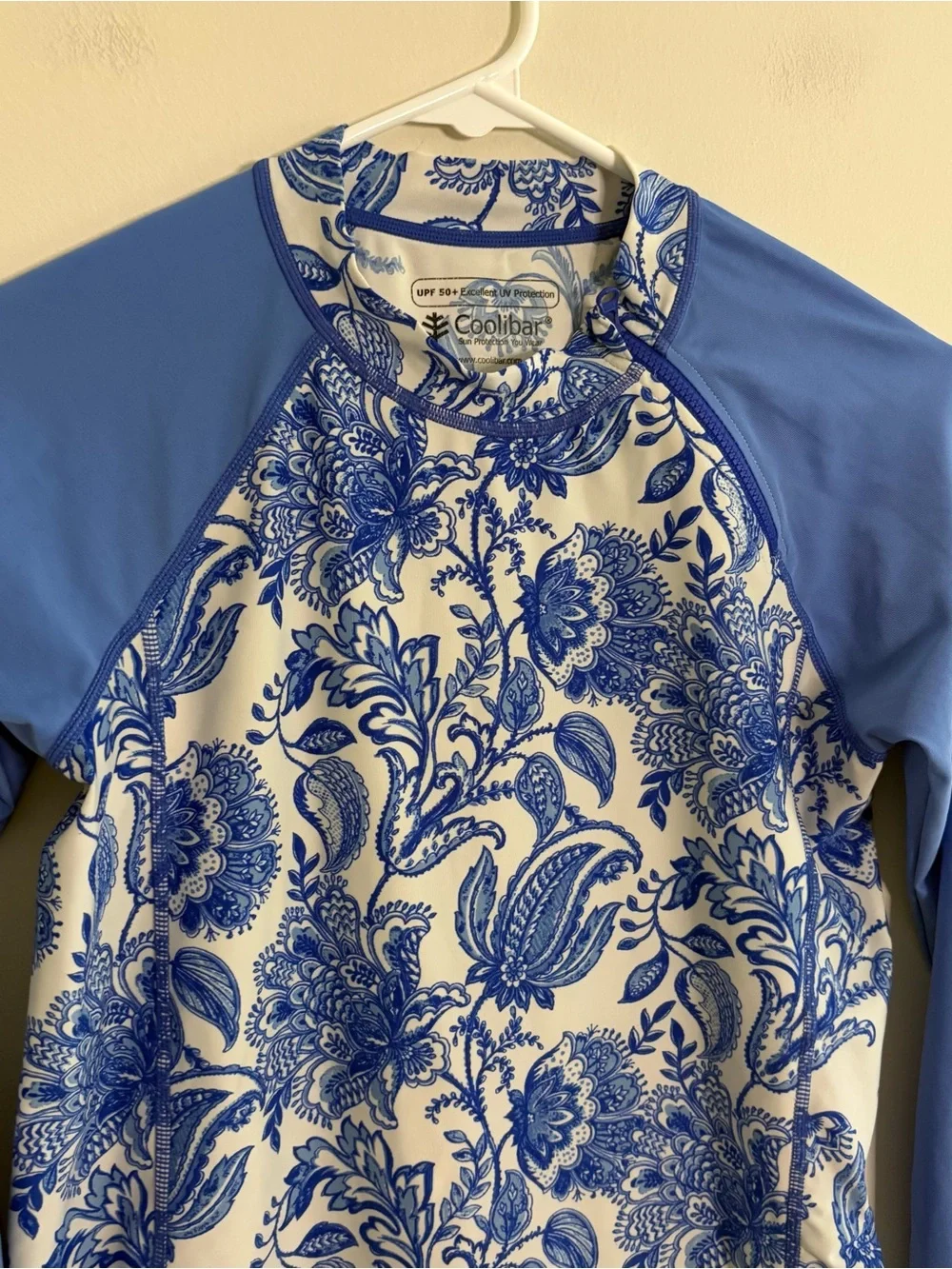 Coolibar Youth Zippy Rash Guard L Blue White Floral Sun Shirt UPF 50+ Fairy